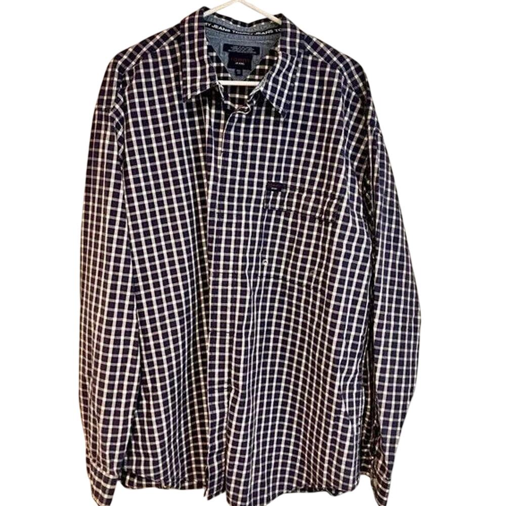 Y2K Tommy Jeans Utility Shirt Red White Blue Check Plaid Denim Flip Cuff XXL